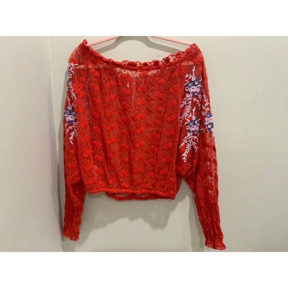 Free People Red Sheer Lace Embroidered Off Shoulder Tassel Blouse Small OB643444